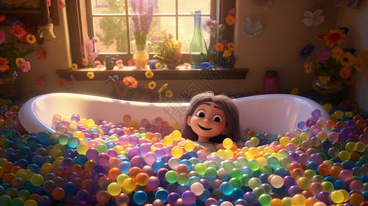 沐浴球可爱的卡通小女孩在满是彩色球的浴室中嬉戏插画