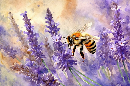 小蜜蜂采蜜薰衣草上采蜜的小蜜蜂水彩画插画