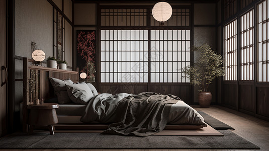 木窗新中式日式木质榻榻米卧室插画
