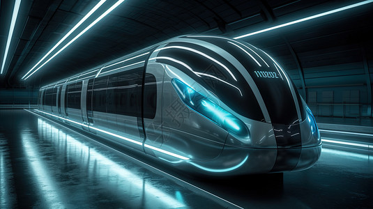 超现实未来世界子弹头新能源列车轻轨地铁插画