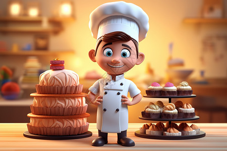 糕点模具甜品蛋糕师3D模型肖像插画