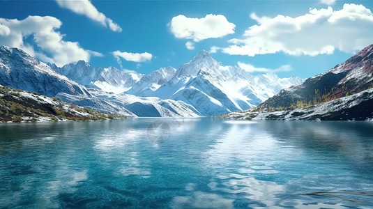 新疆雪山风光自然风光雪山湖泊插画