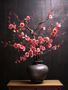 中式梳妆台桌子上花瓶插花插画