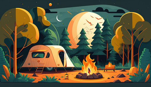 篝火和露营车的夏令营图片