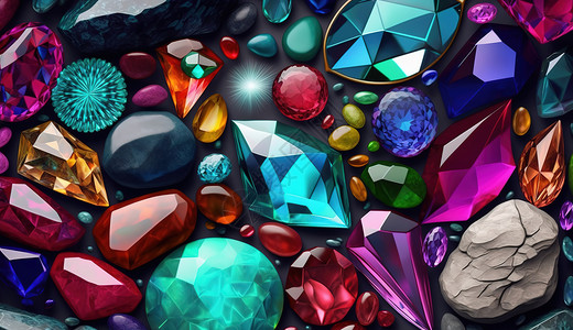五颜六色混合不同形状闪亮的珍贵宝石钻石高清图片素材