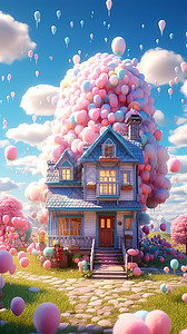 梦幻气球房屋背景图片