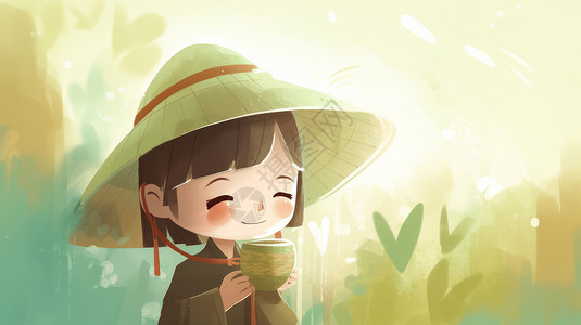 戴着草帽抱着茶杯喝茶的卡通小女孩背景图片