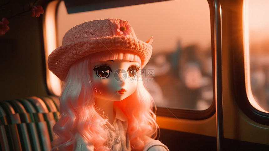 戴粉色帽子的粉色长发女孩正在坐车图片
