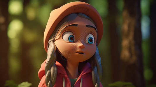 在森林里徒步惊讶表情的立体卡通女孩背景图片