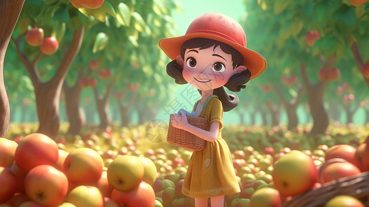 一篮子苹果在满地都是苹果的果园中抱着竹篮子的卡通女孩插画