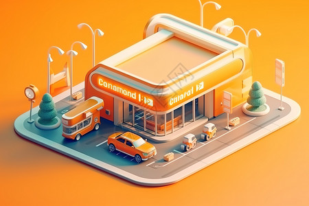 加油站服务可爱的汽车服务商场加油站3D插画