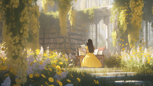 一个小女孩在满是和花朵的大厅内看书高清图片
