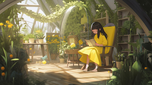 坐在满是植物花房里的上看书的卡通女孩图片