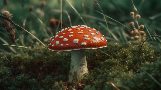 红色斑点蘑菇在绿色的草地上图片