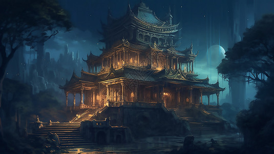 古夜景幻想夜间的古寺庙建筑插画