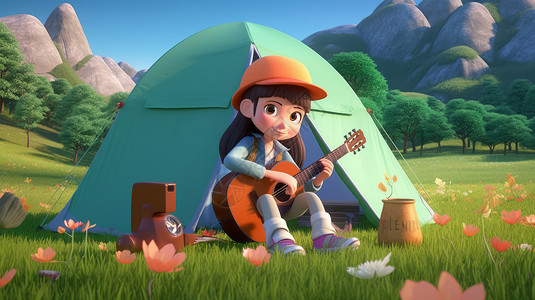 女孩在家里弹尤克里里戴着帽子的立体卡通女孩在野外露营插画