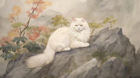 中式窗台一只猫趴在石头上水墨画插画