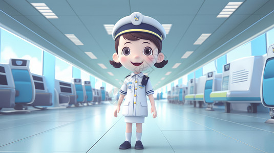 站在车站候车室的穿白色制服的卡通列车乘务员背景图片