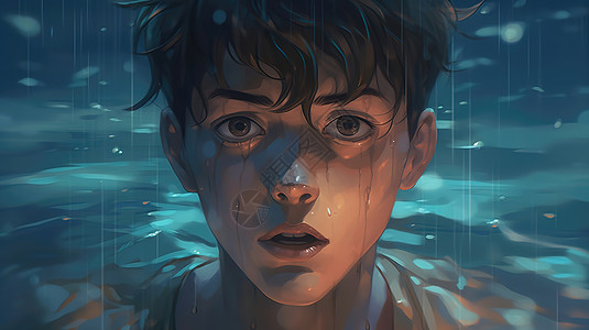 海雨流泪的男孩在水中插画