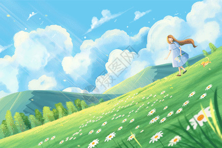 下蹲女孩唯美治愈蓝天白云下快乐奔跑的女孩和小狗GIF高清图片