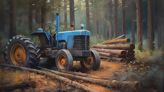 树林木材树林的拖拉机插画
