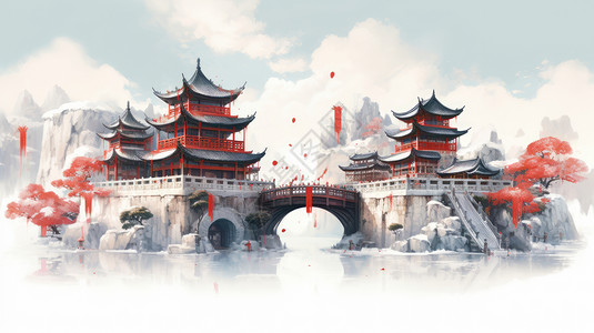 在山上中国传统建筑亭子背景图片