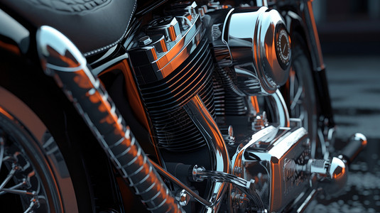 金属质感摩托车发动机特写高清图片