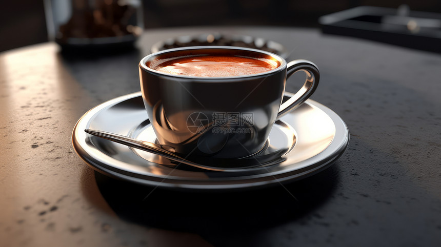 放在桌子上装满咖啡的金属质感咖啡杯图片