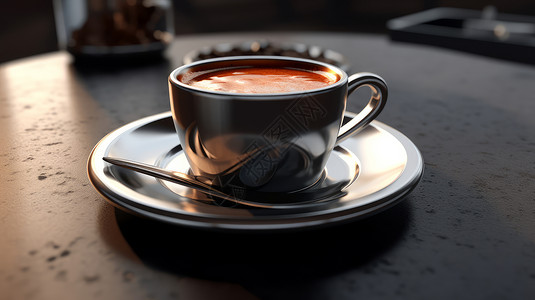 桌子上的咖啡杯放在桌子上装满咖啡的金属质感咖啡杯插画