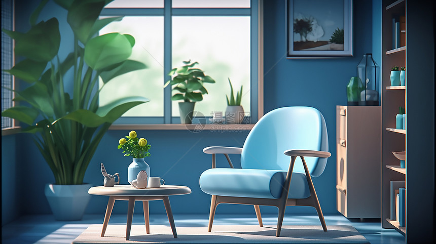 3D蓝色扶手椅室内设计模型图片