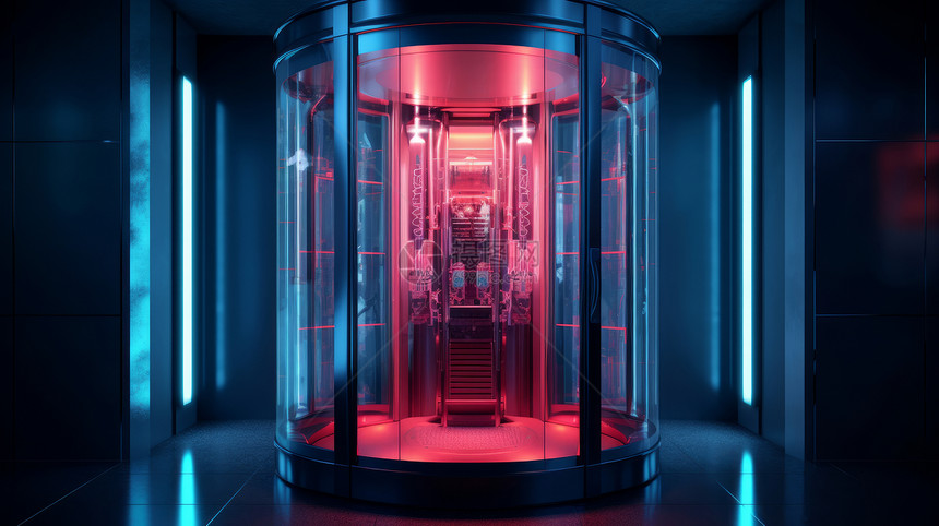 科幻红色霓虹光透明玻璃电梯图片
