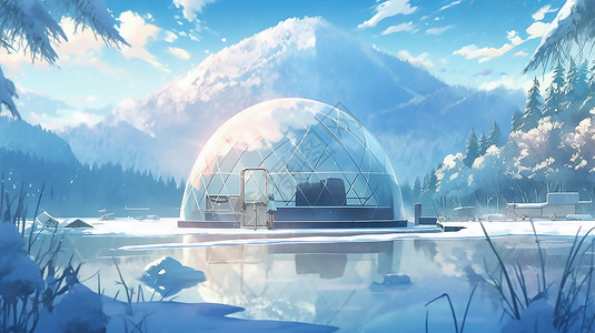 幻想圆顶雪屋在北极反映在水中背景图片