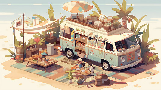 夏日美食车在海滩上卡通图画背景图片