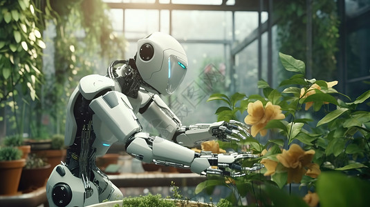 生活机器人机器人在打理花朵插画