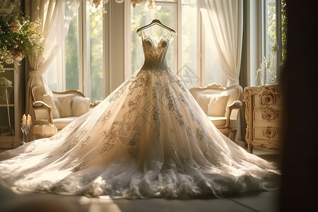 房间里新娘漂亮蕾丝婚纱图片