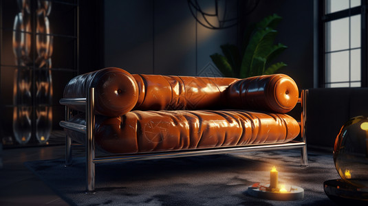 客厅真皮沙发椅棕色复古放在客厅的沙发插画