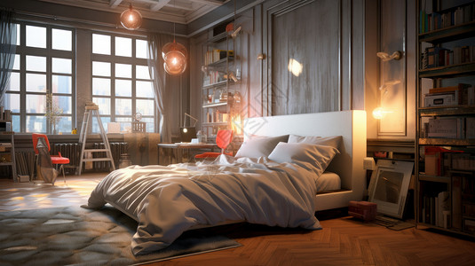 复古台灯温馨的复古风卧室白色被子与枕头插画