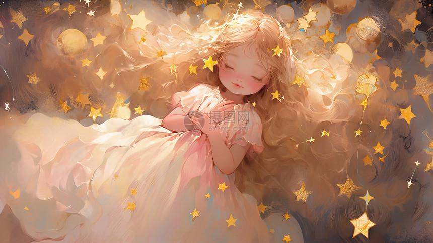 被闪亮的小星星包围睡觉的梦幻卡通女孩图片