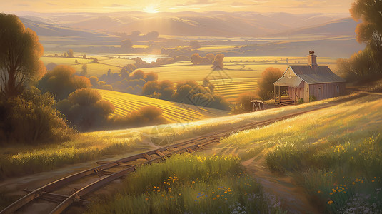 破旧火车夕阳下美丽的村落风景与破旧的火车道插画