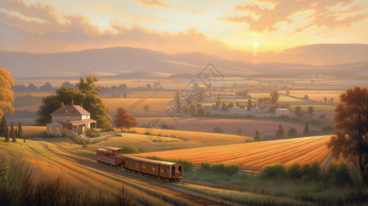 夕阳落山秋天太阳落山前美丽的卡通田野风景与小火车插画