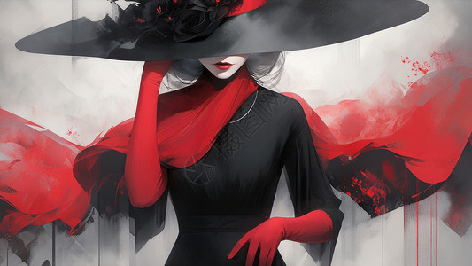 红色炫酷戴着红色手套酷酷的黑色礼帽的卡通女孩插画