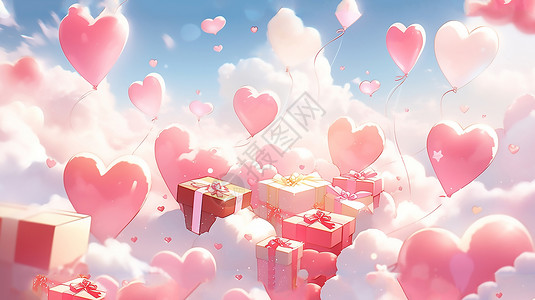 心形礼物情人节3D心形气球和礼物创意概念图插画