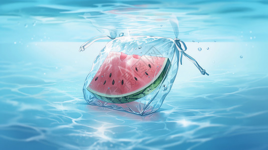 美味的卡通西瓜在透明袋子中泡在水里高清图片