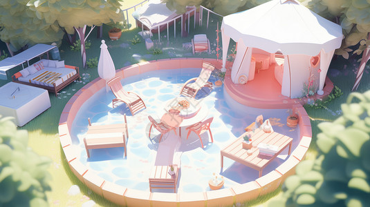 户外休闲椅卡通夏天在水池里的休闲椅和桌子在旁边的帐篷插画