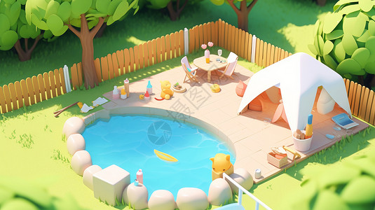 休闲活动在院子里的休闲泳池与帐篷插画
