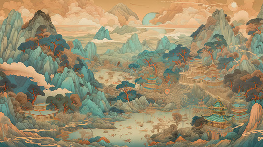 中国古风建筑古风山水画美丽的山川河流树木风景插画