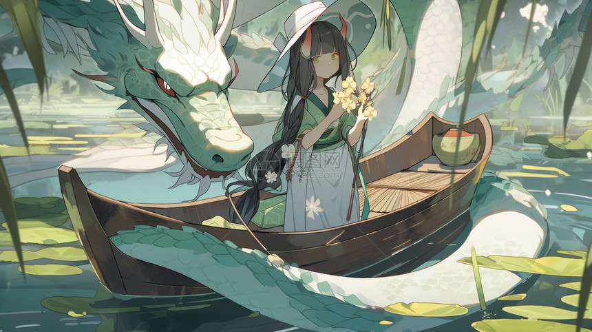 站在小船上手拿花朵一只巨龙围绕她图片