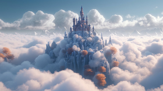 一座神秘的梦幻复古欧式城堡在白白的云朵上背景图片