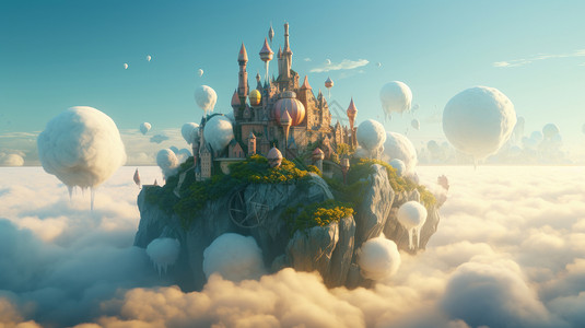 梦幻复古软软的云朵上的卡通城堡背景图片