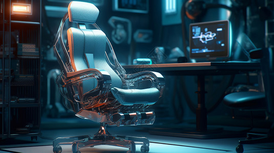 电脑桌前科幻高端皮质办公椅背景图片